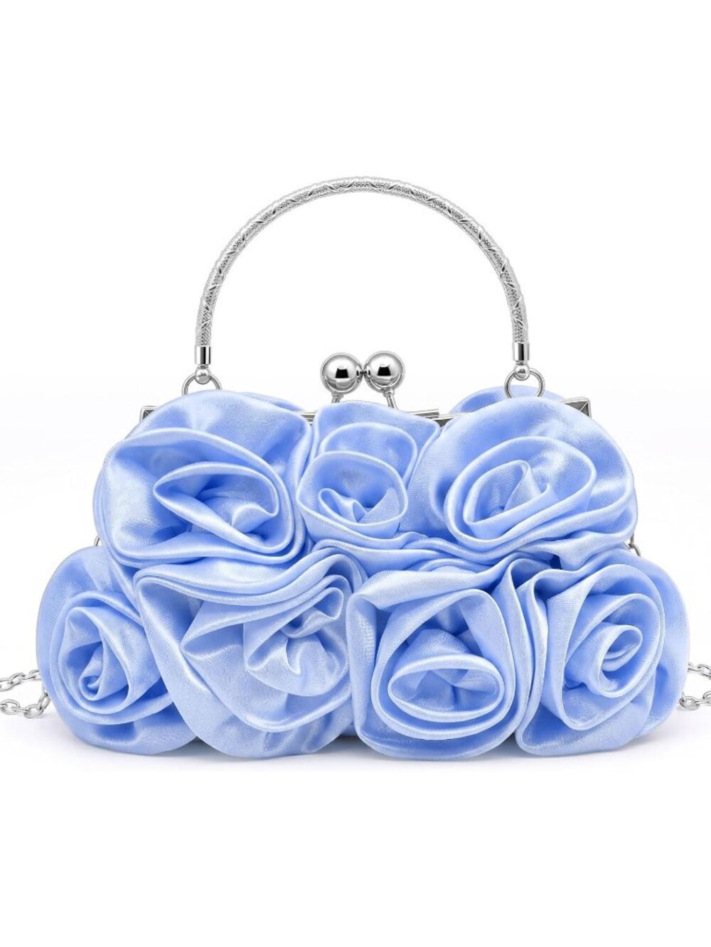 Women's Light Blue 3d Rose Satin Clutch Purse Floral Wedding Party Evening Bag